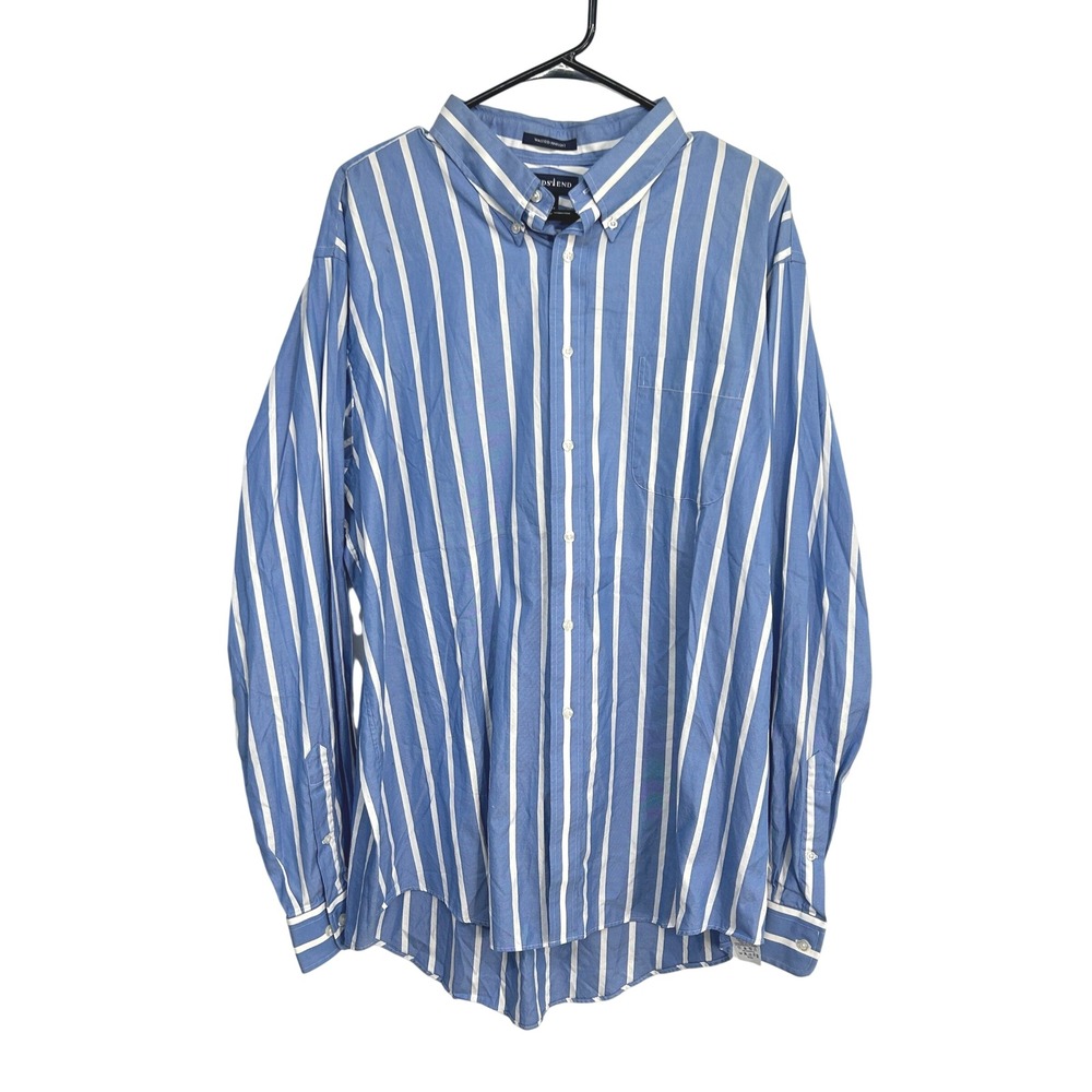 Lands End Washed Pinpoint Striped Button Down Shirt‎ XL Blue White Preppy Casual